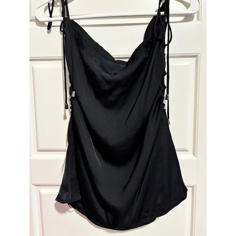 Free People Cowl Neck Camisole Women XS Black Satin‎ Side Ruched Tie Strap Top